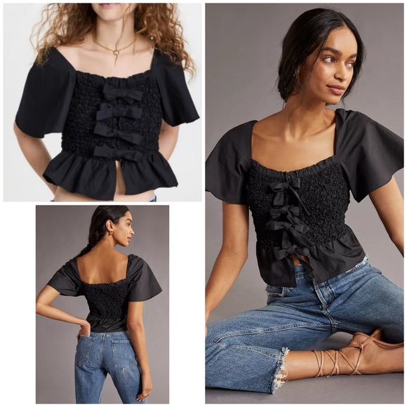 Anthropologie Tops - NWT Anthropologie x Mare Mare Bow-Front Tied Bows Blqck Smocked Peplum Blouse S